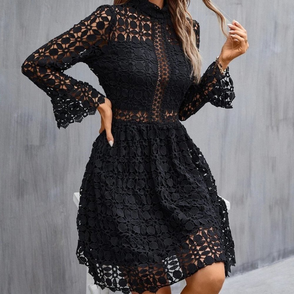 Black Mock Neck Flounce Sleeve Mesh Insert Lace Dress - Picture 5 of 6